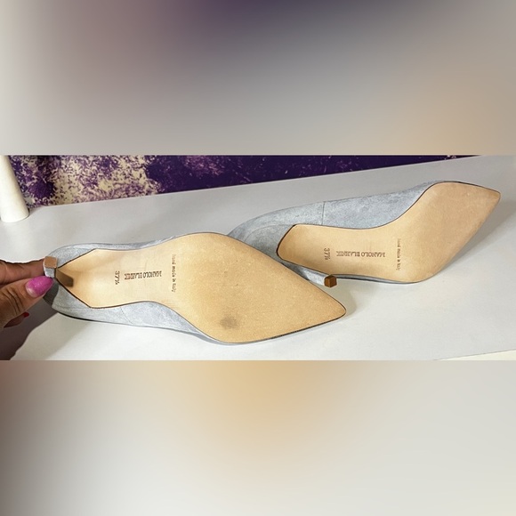 LK NEW MANOLO BLAHNIK Suede Pointed Pumps Glitter Cap Toe Blue 37.5 6.5 7 1300 - Picture 5 of 5